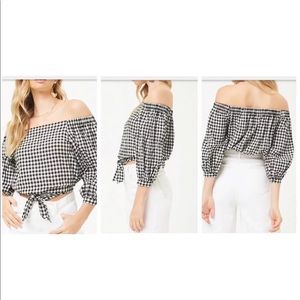 Buffalo Plaid Shirt Medium Off Shoulder Crop Top